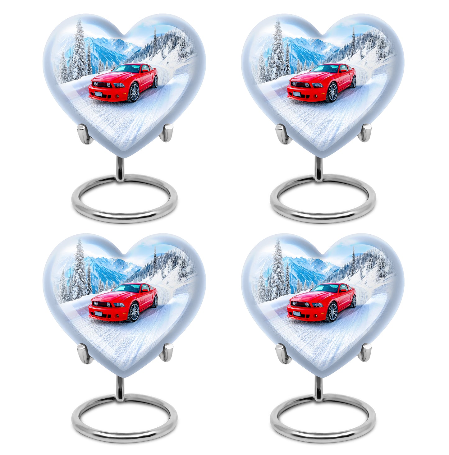 Azure Car Cremation Urn angled view of lid and engraved motif - loving heart memorial featuring car pattern - 10 inch aluminum urn for cremated remains