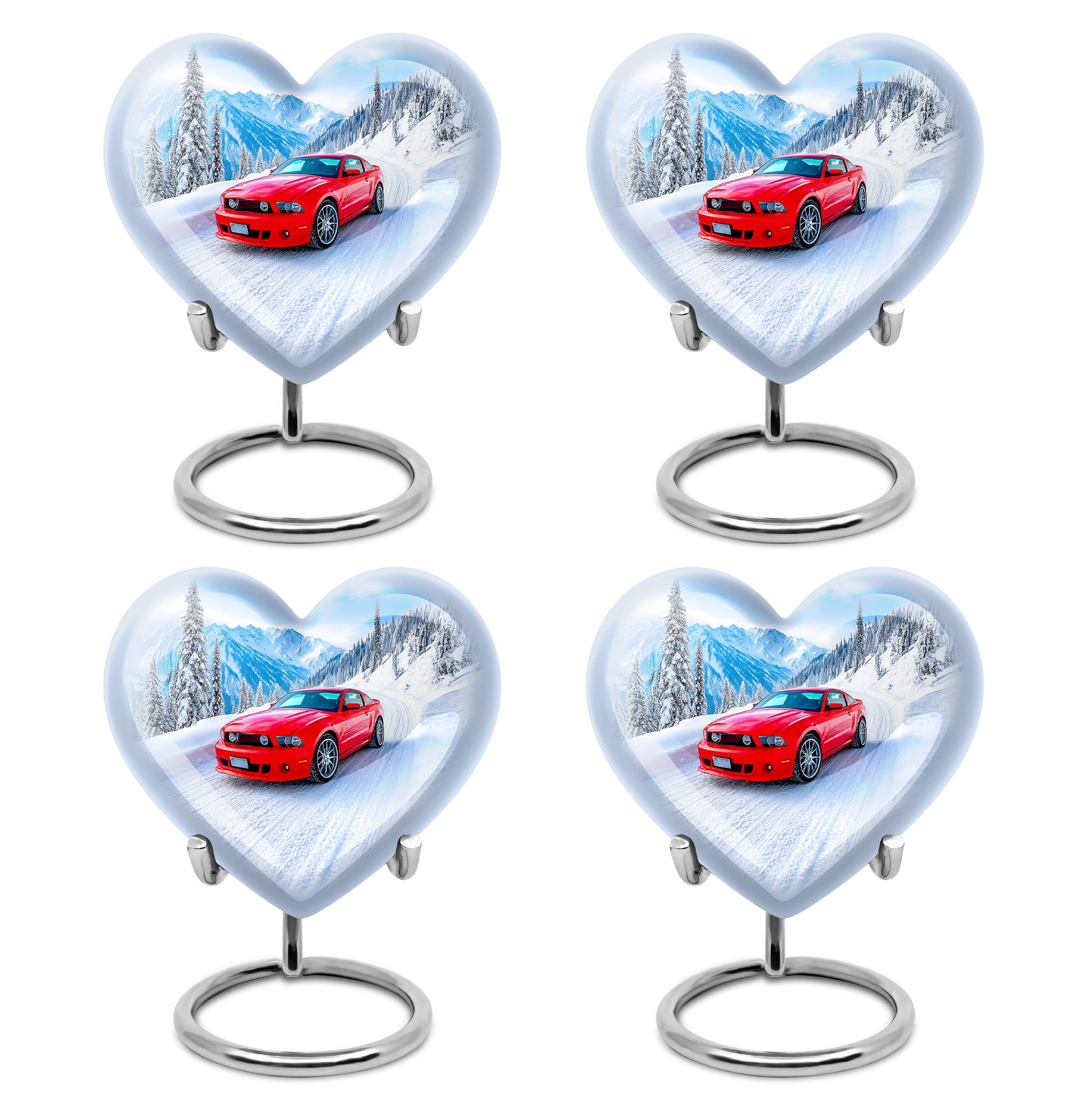 Azure Car Cremation Urn angled view of lid and engraved motif - loving heart memorial featuring car pattern - 10 inch aluminum urn for cremated remains