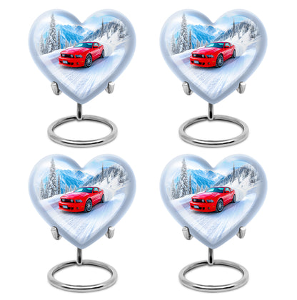 Azure Car Cremation Urn angled view of lid and engraved motif - loving heart memorial featuring car pattern - 10 inch aluminum urn for cremated remains
