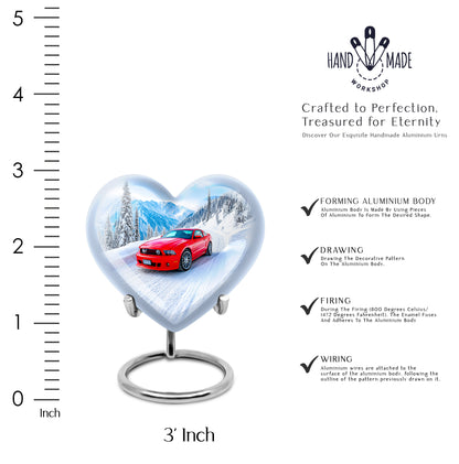 Pastel Blue Car Cremation Urn front view showing detailed design - loving heart memorial featuring car pattern - mini keepsake memorial for portion of cremation ashes