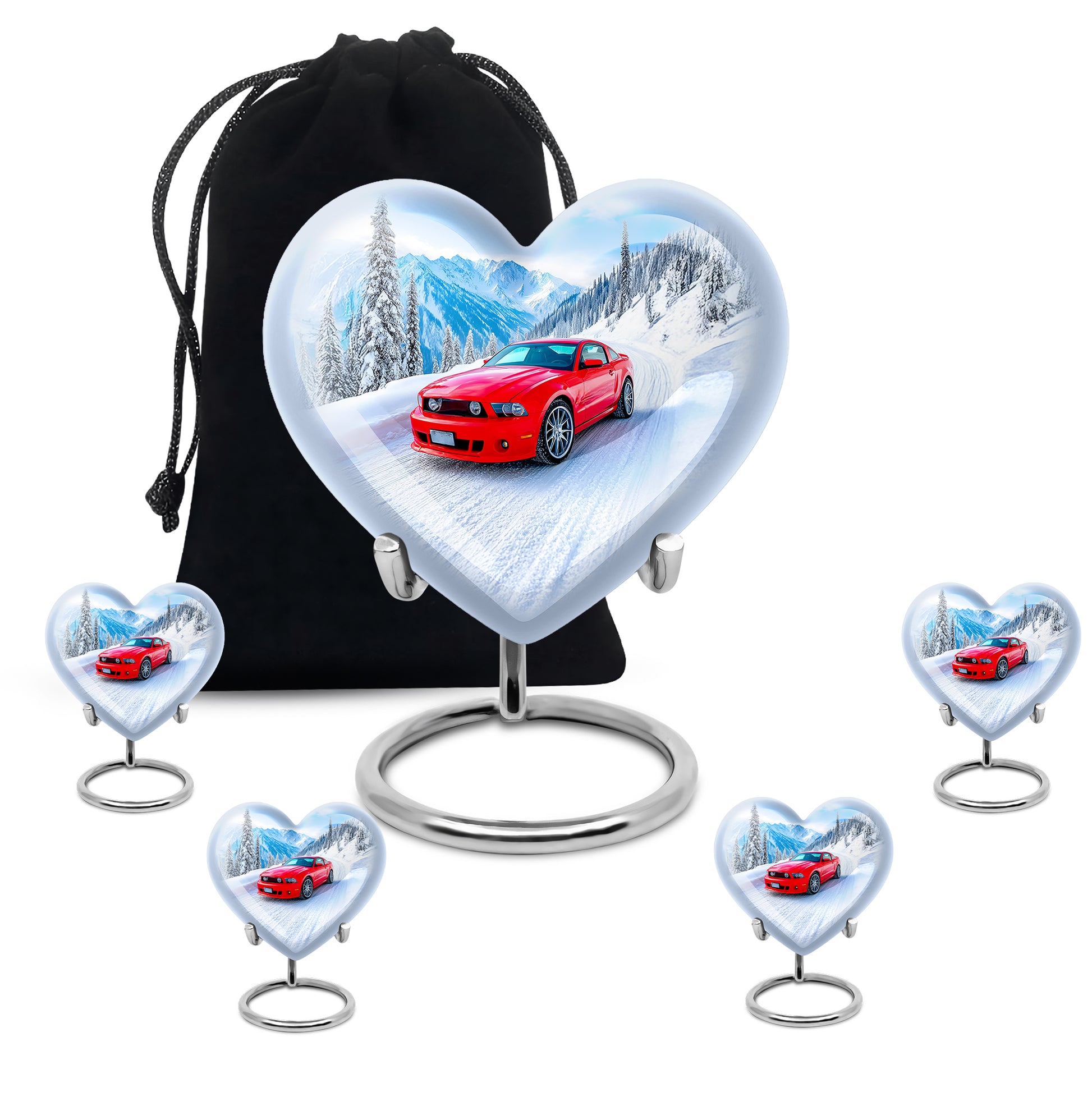 Vivid Blue Car Cremation Urn close-up of engraving and surface detail - romantic heart urn with car motif on aluminum - memorial set with one large and four small urns