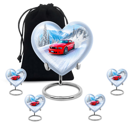 Vivid Blue Car Cremation Urn close-up of engraving and surface detail - romantic heart urn with car motif on aluminum - memorial set with one large and four small urns