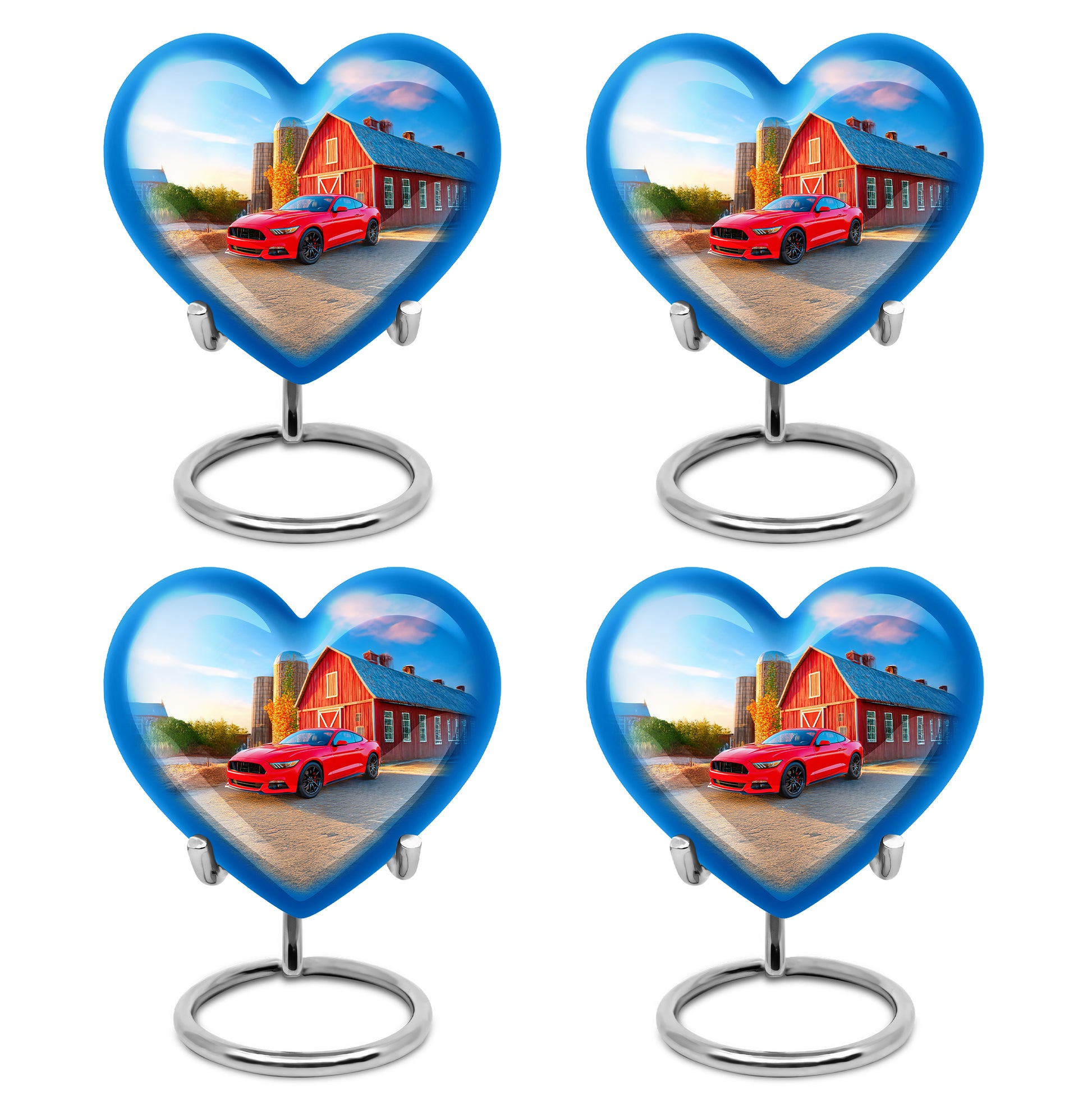 Icy Blue Car Cremation Urn angled view of lid and engraved motif - loving heart memorial featuring car pattern - 10 inch aluminum urn for cremated remains