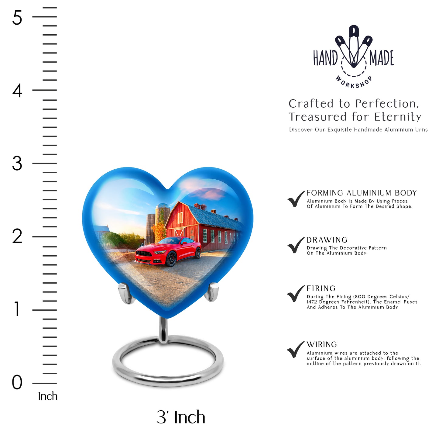 Indigo Car Cremation Urn front view showing detailed design - heart-shaped car design symbolizing eternal love - mini keepsake memorial for portion of cremation ashes