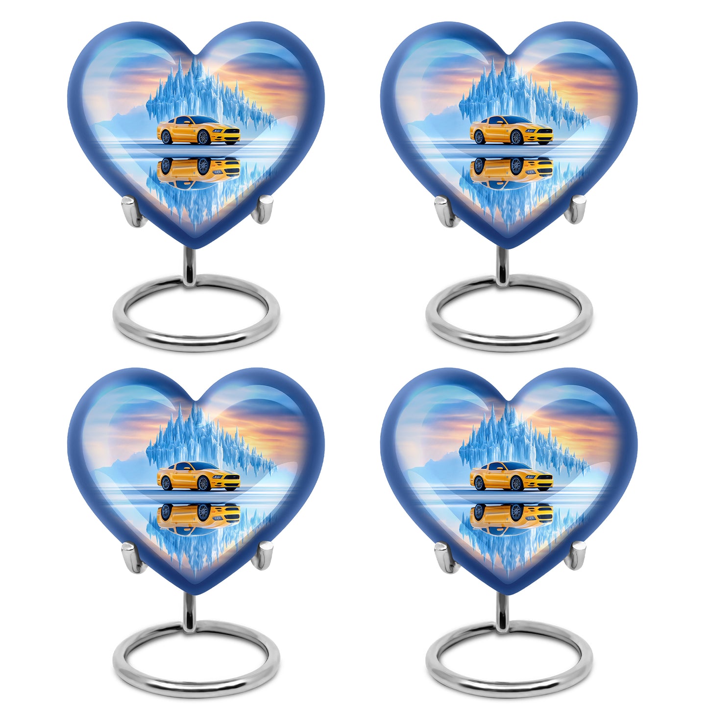 Serene Blue Car Cremation Urn angled view of lid and engraved motif - romantic heart urn with car motif on aluminum - 10 inch aluminum urn for cremated remains