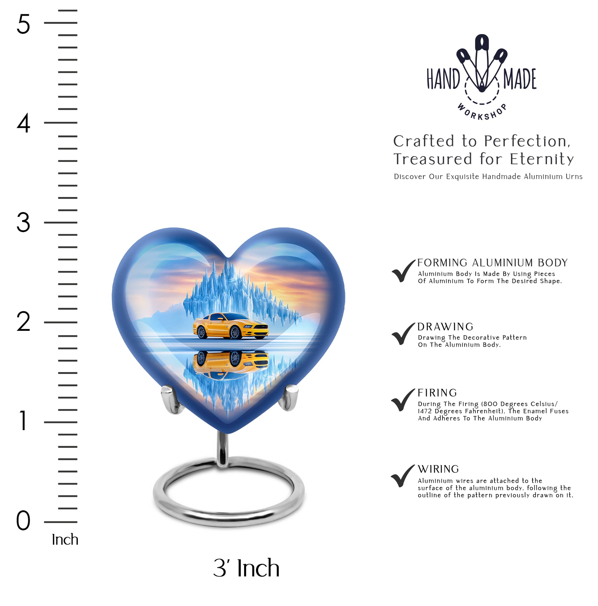 Navy Blue Car Cremation Urn front view showing detailed design - loving heart memorial featuring car pattern - mini keepsake memorial for portion of cremation ashes