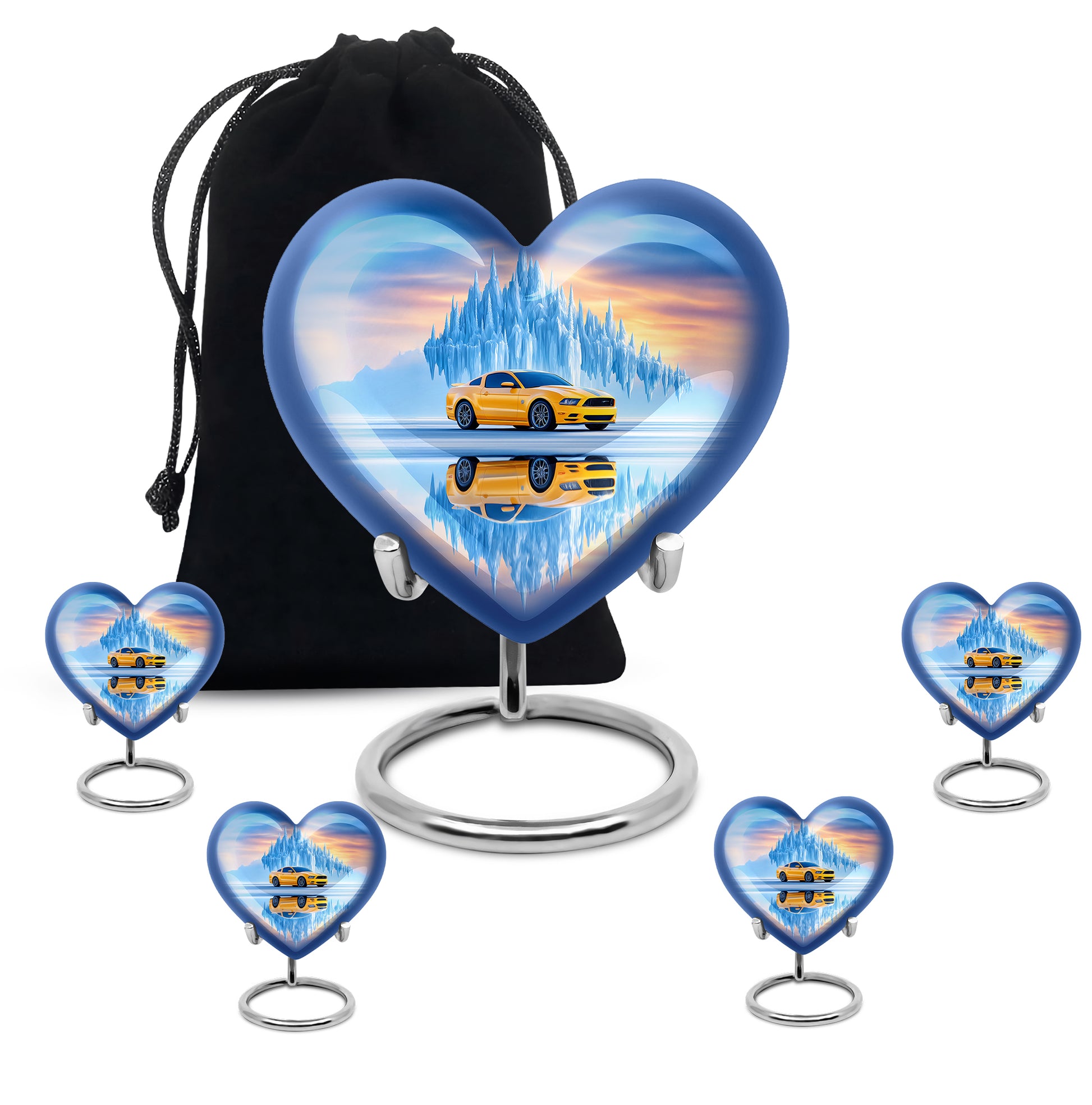 Twilight Blue Car Cremation Urn close-up of engraving and surface detail - compassionate heart-car combination with gentle curves - memorial set with one large and four small urns