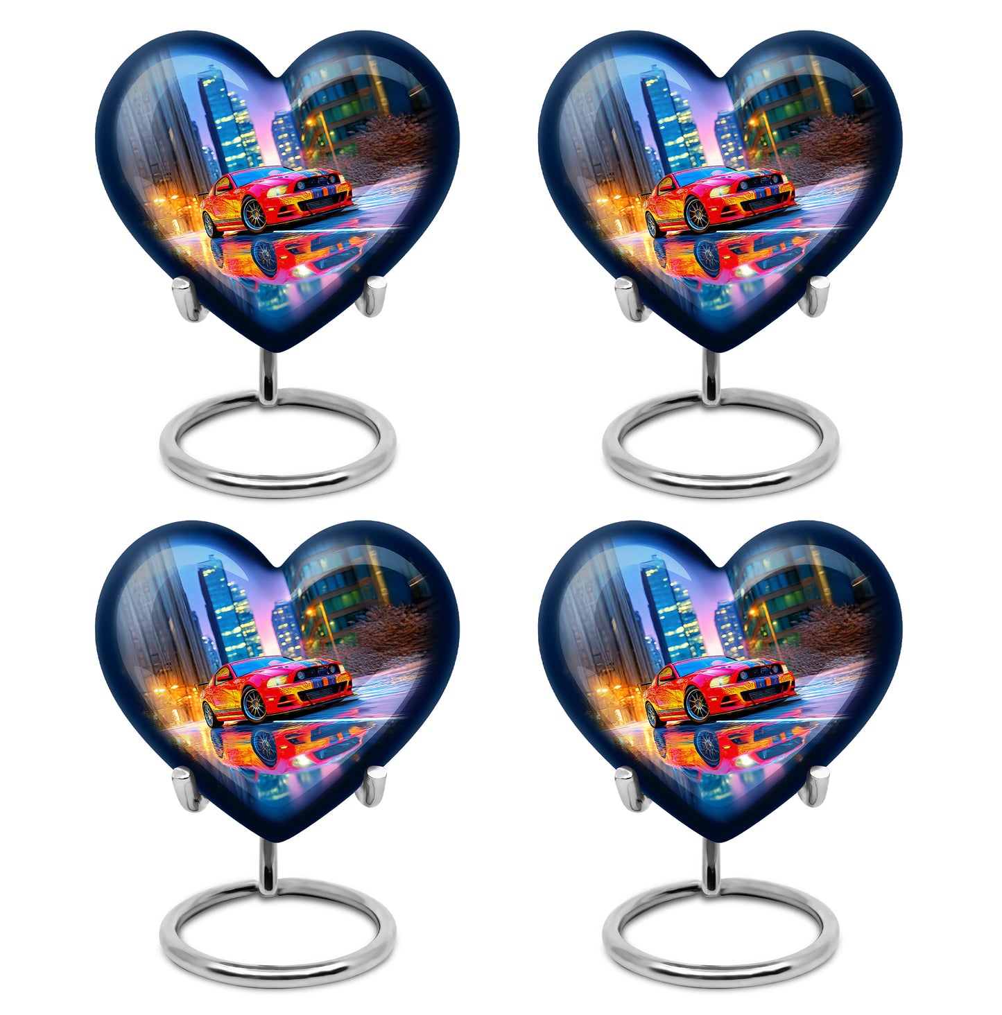 Celestial Blue Car Cremation Urn angled view of lid and engraved motif - heart-shaped car design symbolizing eternal love - 10 inch aluminum urn for cremated remains