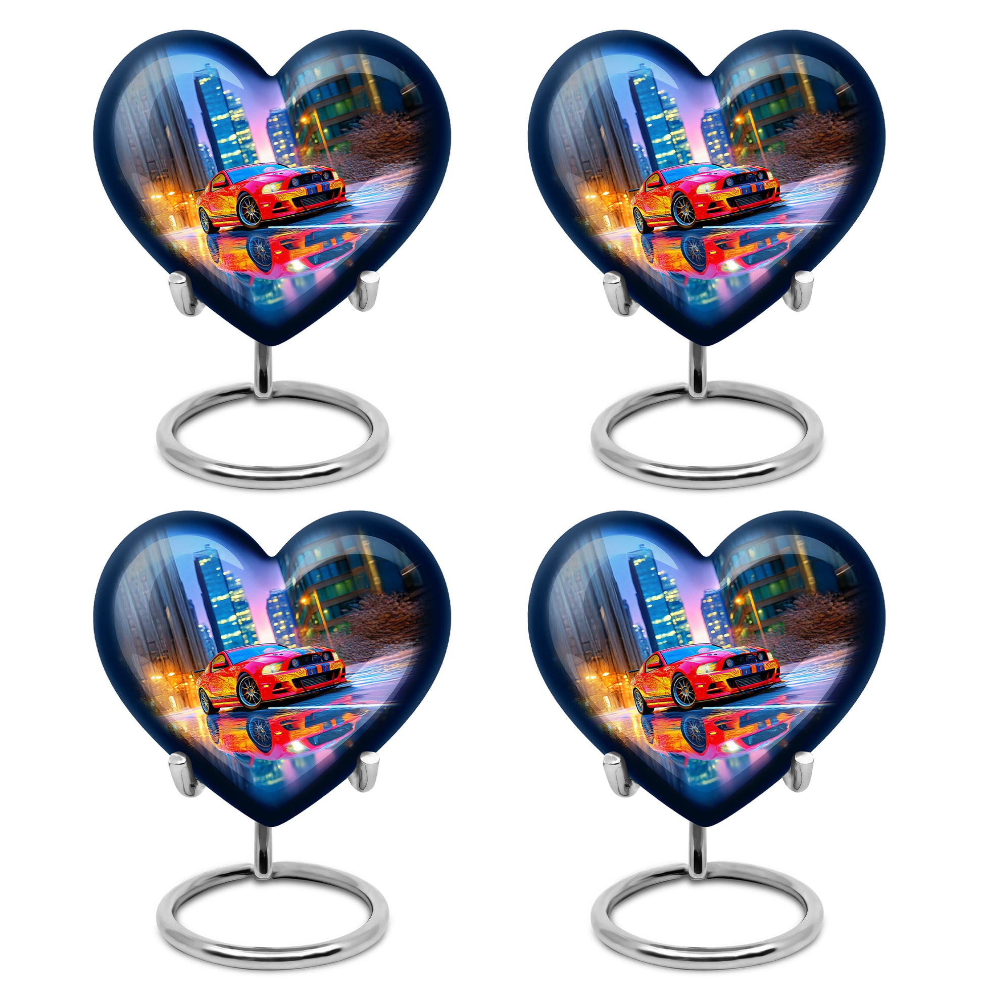 Celestial Blue Car Cremation Urn angled view of lid and engraved motif - heart-shaped car design symbolizing eternal love - 10 inch aluminum urn for cremated remains