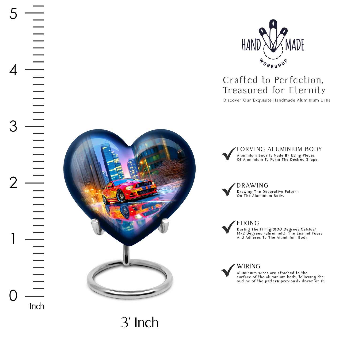 Dusty Blue Car Cremation Urn front view showing detailed design - heart-shaped car design symbolizing eternal love - mini keepsake memorial for portion of cremation ashes