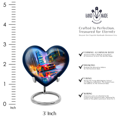 Dusty Blue Car Cremation Urn front view showing detailed design - heart-shaped car design symbolizing eternal love - mini keepsake memorial for portion of cremation ashes