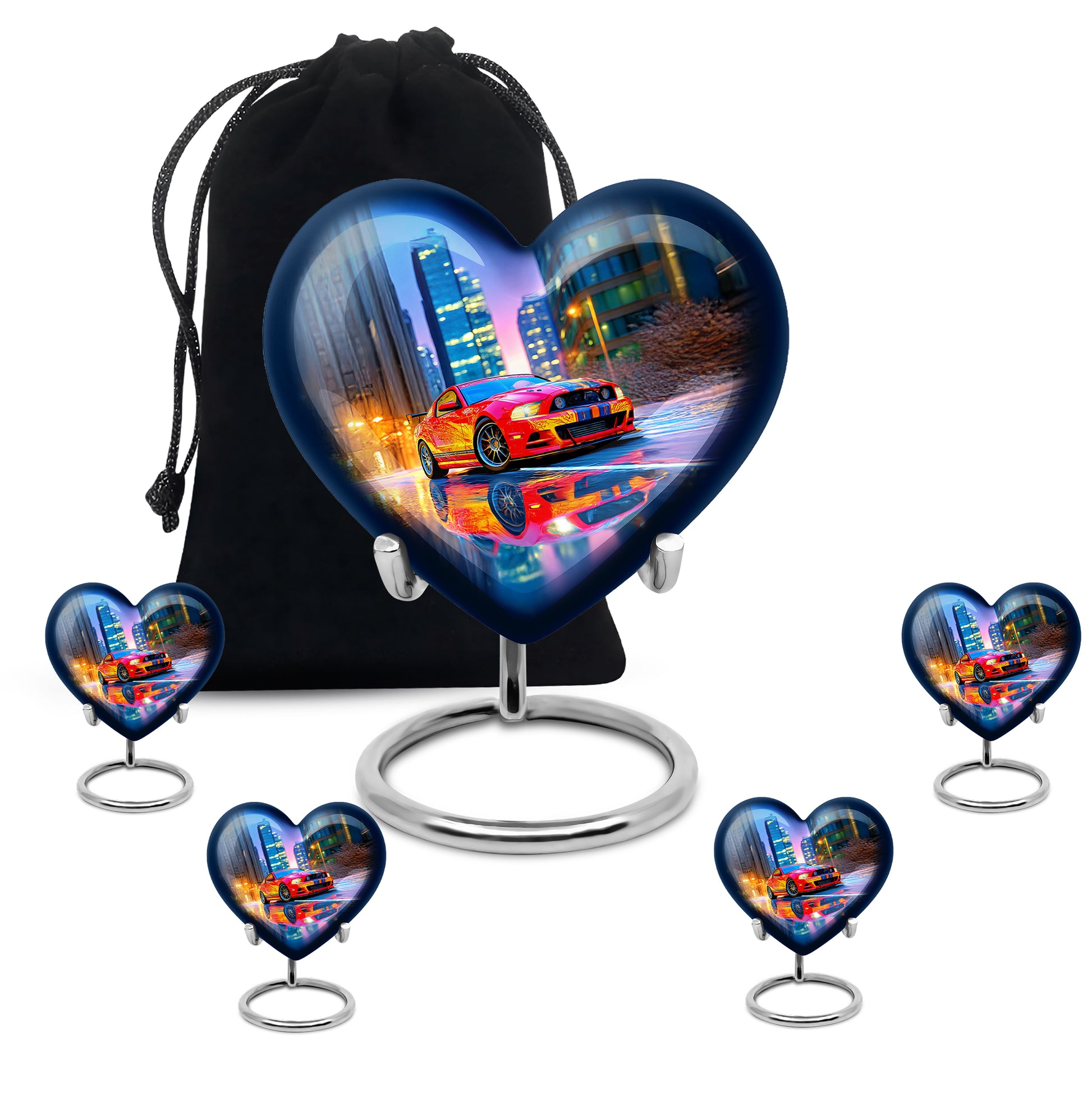 Cornflower Blue Car Cremation Urn close-up of engraving and surface detail - romantic heart urn with car motif on aluminum - memorial set with one large and four small urns