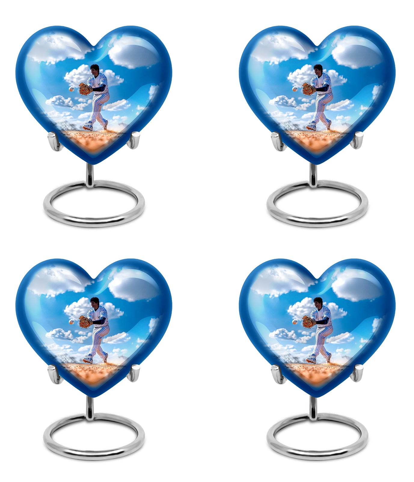 Celestial Blue Baseball Cremation Urn angled view of lid and engraved motif - heart-shaped baseball design symbolizing eternal love - 10 inch aluminum urn for cremated remains