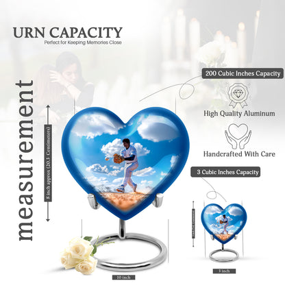 Vivid Blue Baseball Cremation Urn front view showing detailed design - compassionate heart-baseball combination with gentle curves - mini keepsake memorial for portion of cremation ashes