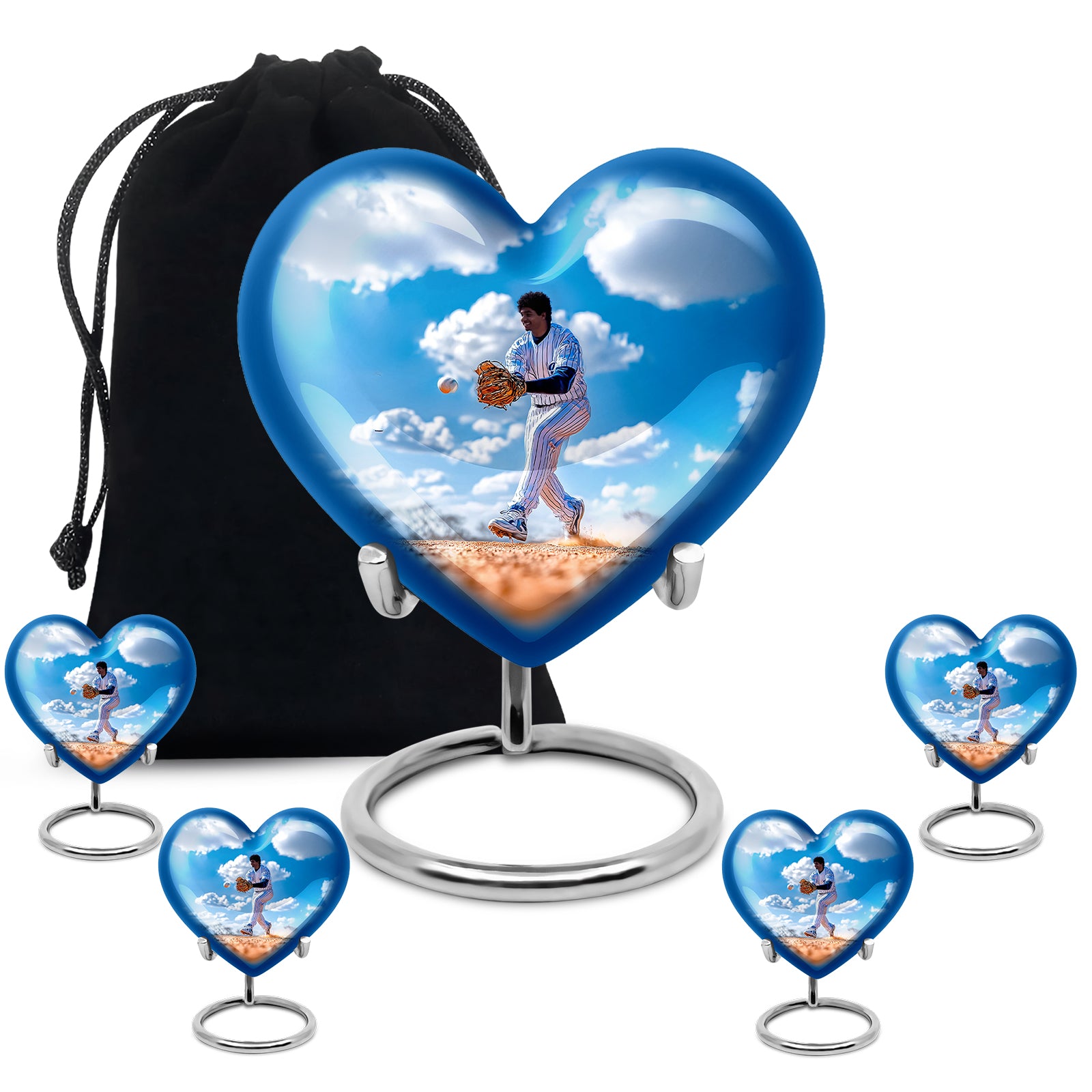 Indigo Baseball Cremation Urn close-up of engraving and surface detail - loving heart memorial featuring baseball pattern - memorial set with one large and four small urns