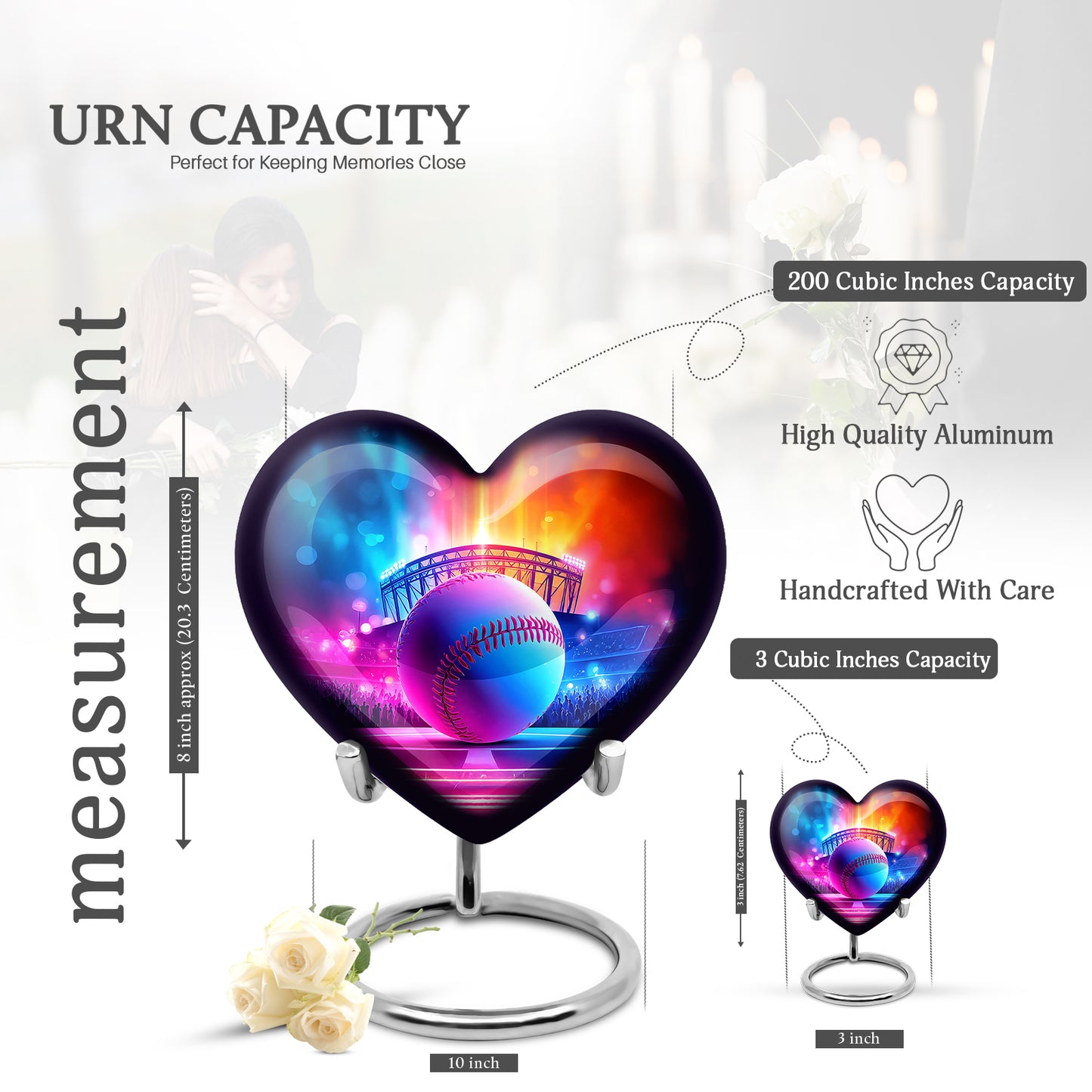 Cornflower Blue Baseball Cremation Urn front view showing detailed design - romantic heart urn with baseball motif on aluminum - mini keepsake memorial for portion of cremation ashes