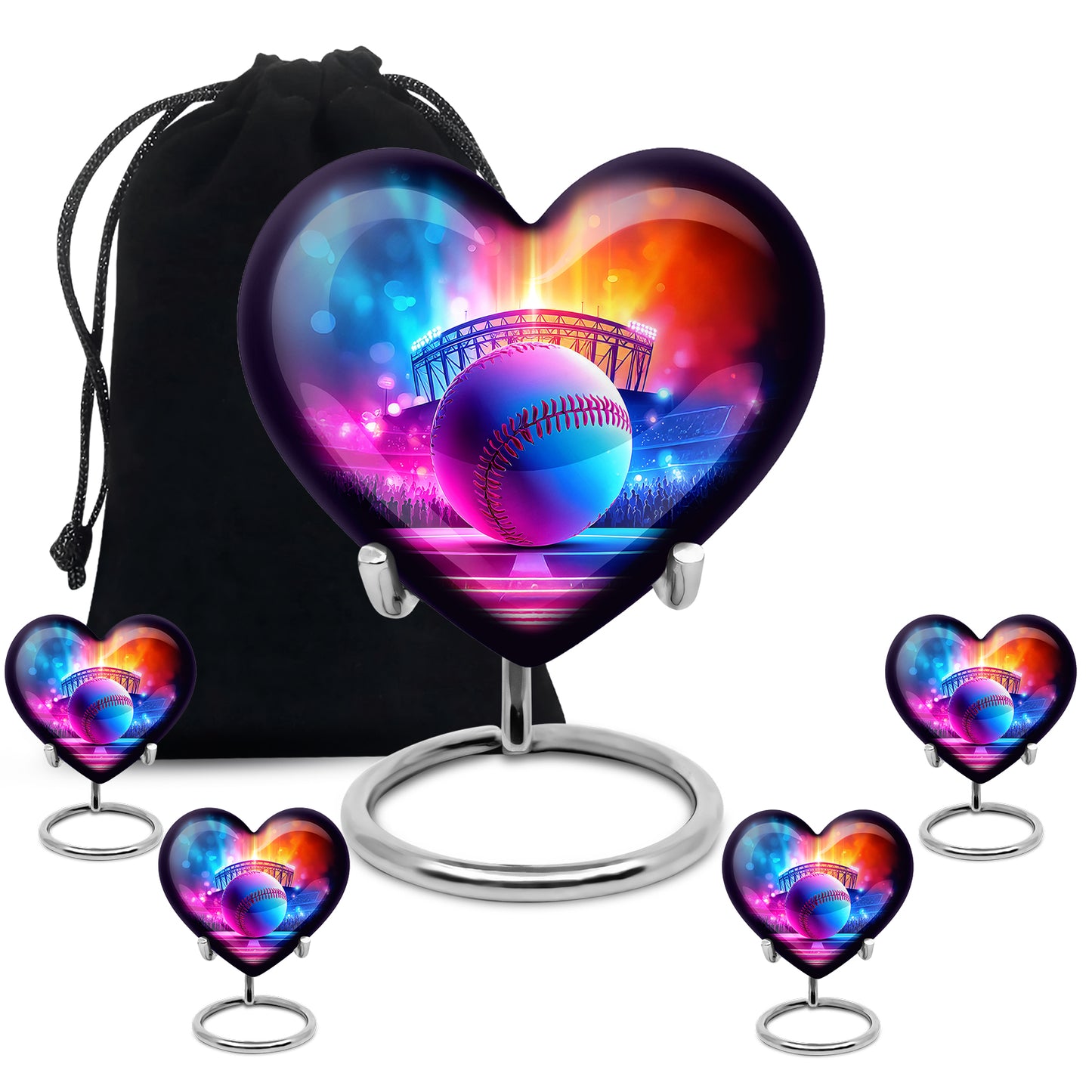 Cobalt Blue Baseball Cremation Urn close-up of engraving and surface detail - romantic heart urn with baseball motif on aluminum - memorial set with one large and four small urns