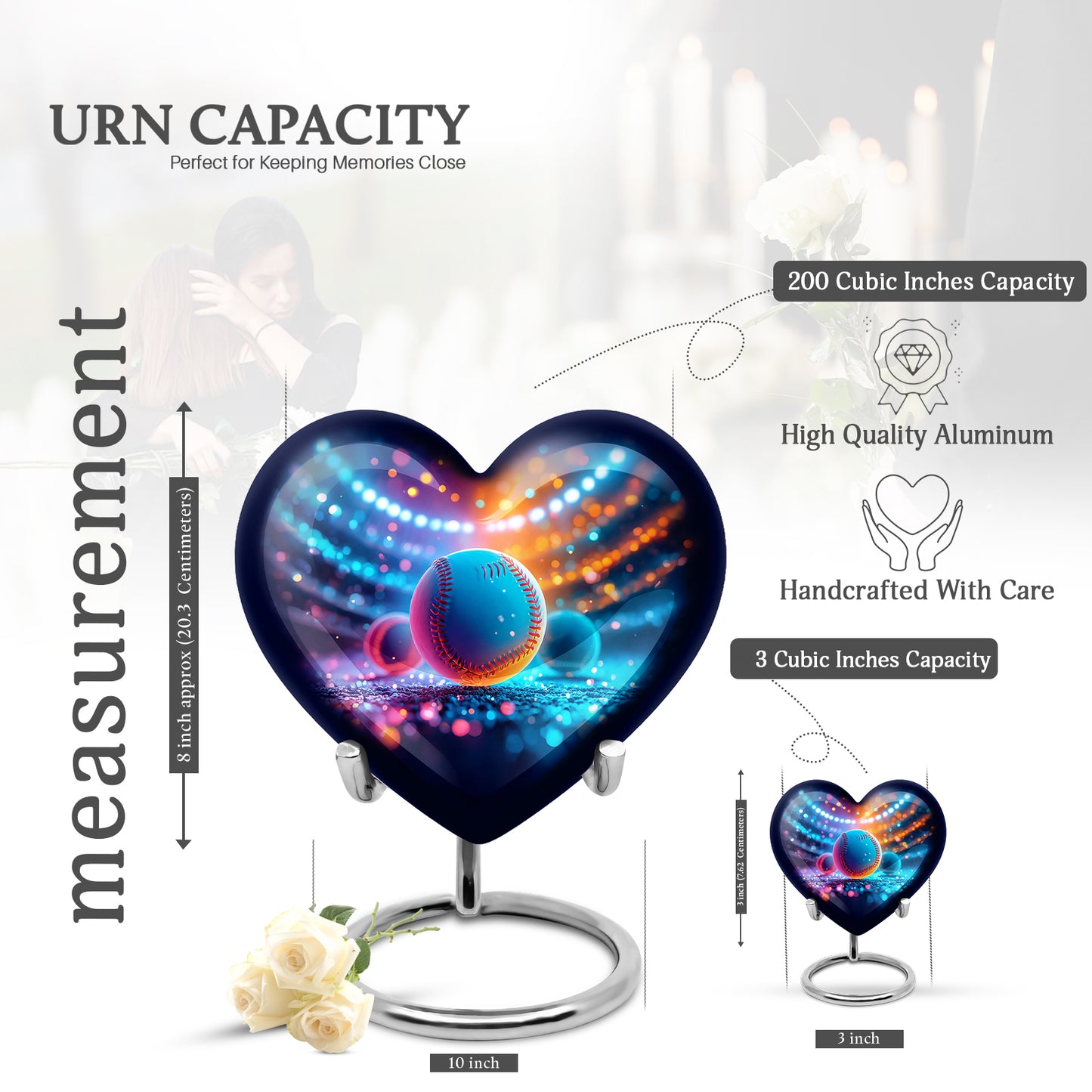 Vivid Blue Baseball Cremation Urn front view showing detailed design - romantic heart urn with baseball motif on aluminum - mini keepsake memorial for portion of cremation ashes