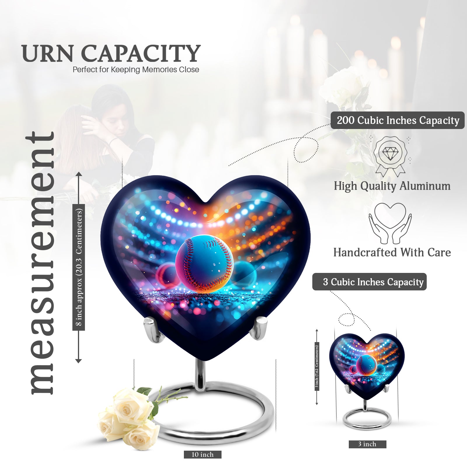 Vivid Blue Baseball Cremation Urn front view showing detailed design - romantic heart urn with baseball motif on aluminum - mini keepsake memorial for portion of cremation ashes