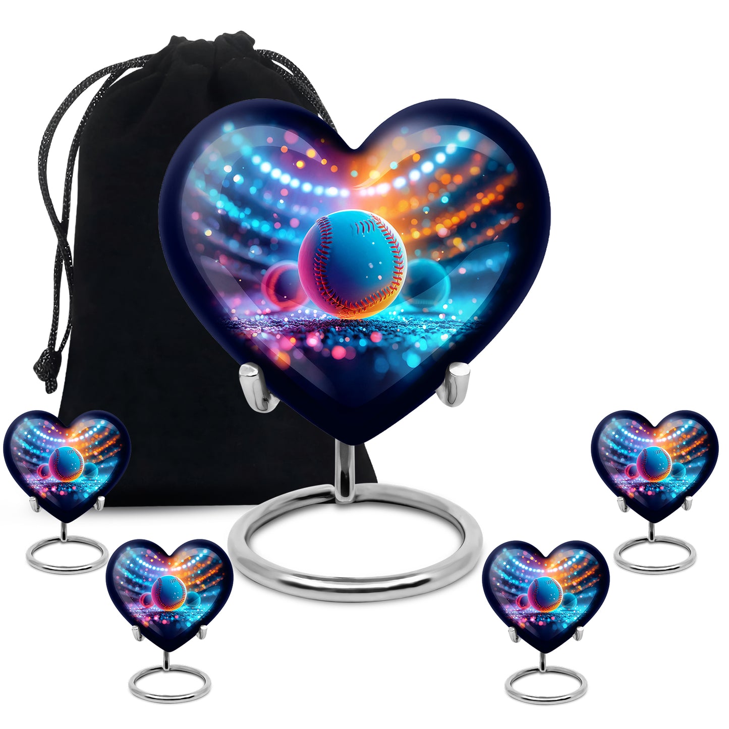 Serene Blue Baseball Cremation Urn close-up of engraving and surface detail - romantic heart urn with baseball motif on aluminum - memorial set with one large and four small urns