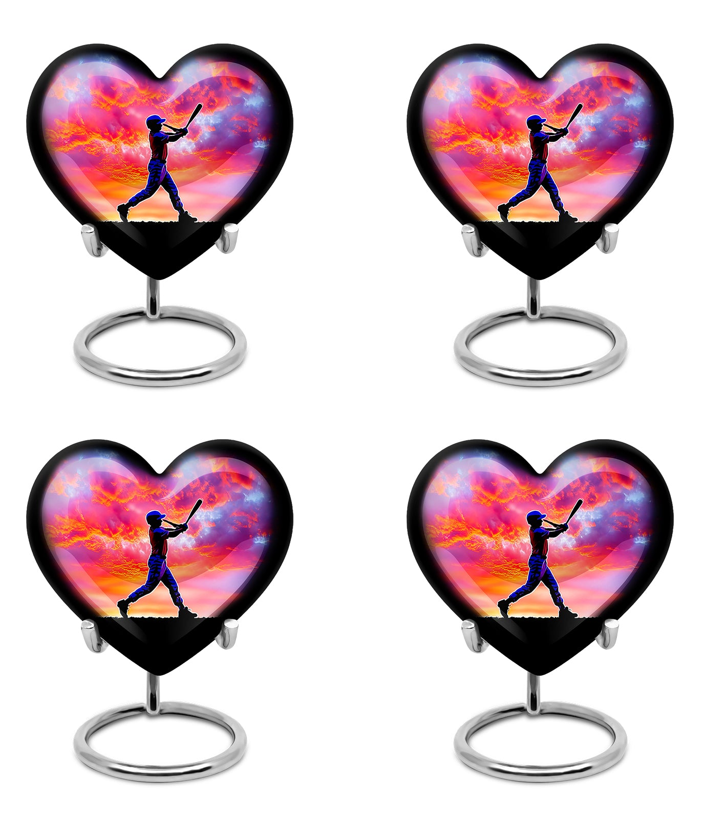 Orchid Purple Baseball Cremation Urn angled view of lid and engraved motif - loving heart memorial featuring baseball pattern - 10 inch aluminum urn for cremated remains