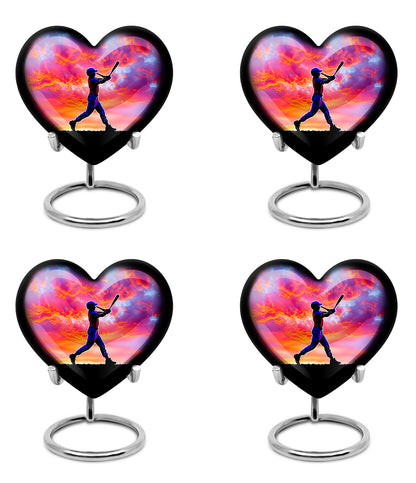 Orchid Purple Baseball Cremation Urn angled view of lid and engraved motif - loving heart memorial featuring baseball pattern - 10 inch aluminum urn for cremated remains