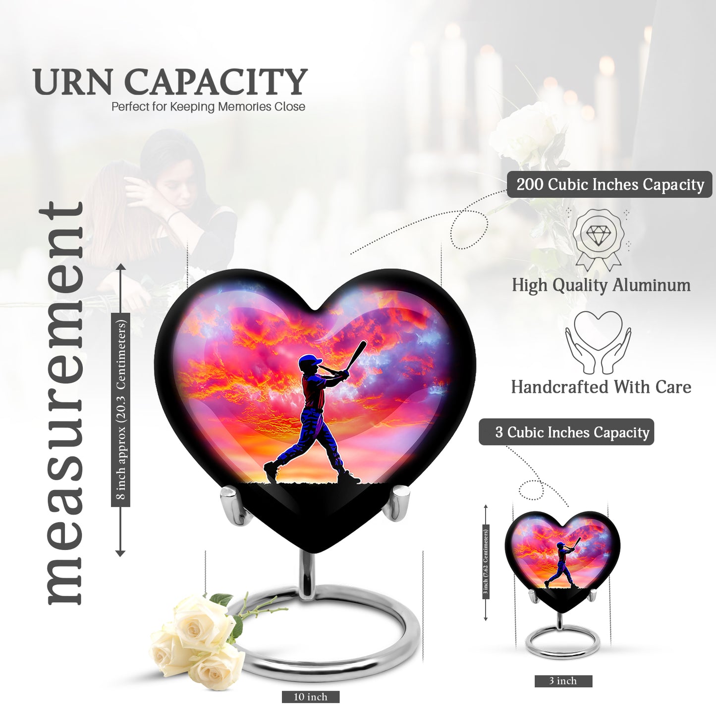 Amethyst Purple Baseball Cremation Urn front view showing detailed design - heart-shaped baseball design symbolizing eternal love - mini keepsake memorial for portion of cremation ashes