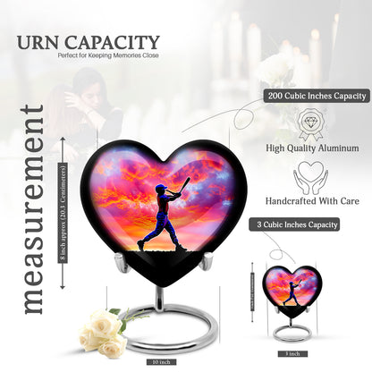Amethyst Purple Baseball Cremation Urn front view showing detailed design - heart-shaped baseball design symbolizing eternal love - mini keepsake memorial for portion of cremation ashes