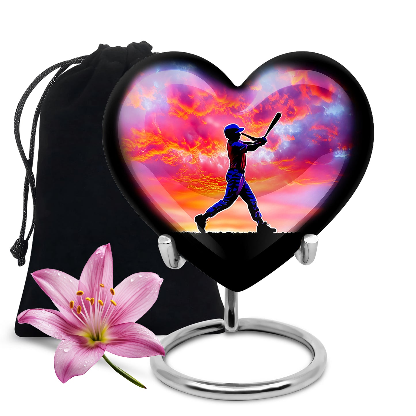 Twilight Purple Baseball Cremation Urn detail view - romantic heart urn with baseball motif on aluminum - full-size 10 inch 200 cubic inch adult cremation urn