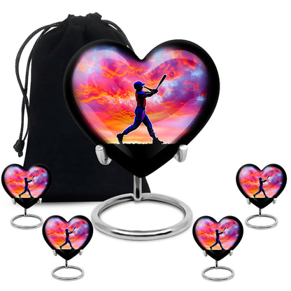 Grape Purple Baseball Cremation Urn close-up of engraving and surface detail - romantic heart urn with baseball motif on aluminum - memorial set with one large and four small urns