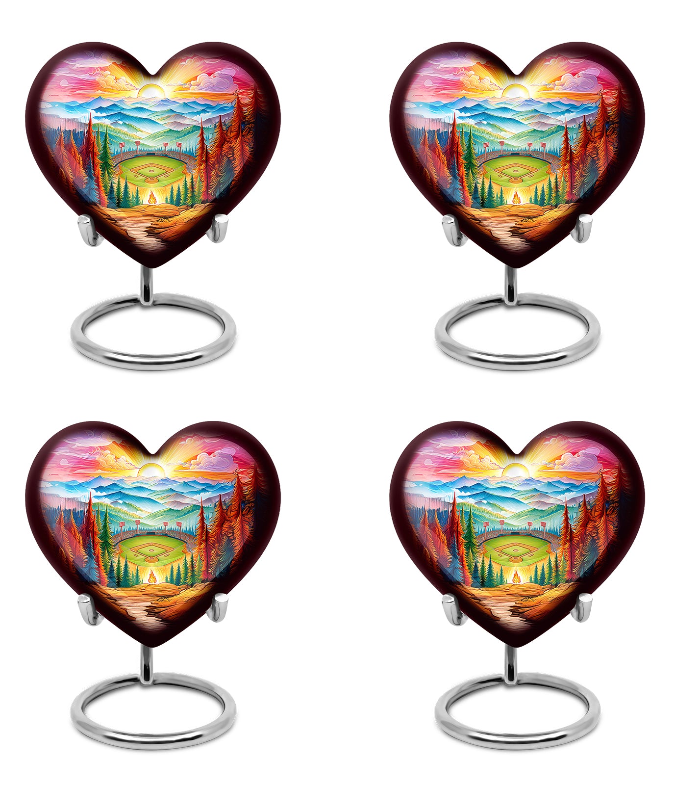 Wine Red Baseball Cremation Urn angled view of lid and engraved motif - heart-shaped baseball design symbolizing eternal love - 10 inch aluminum urn for cremated remains