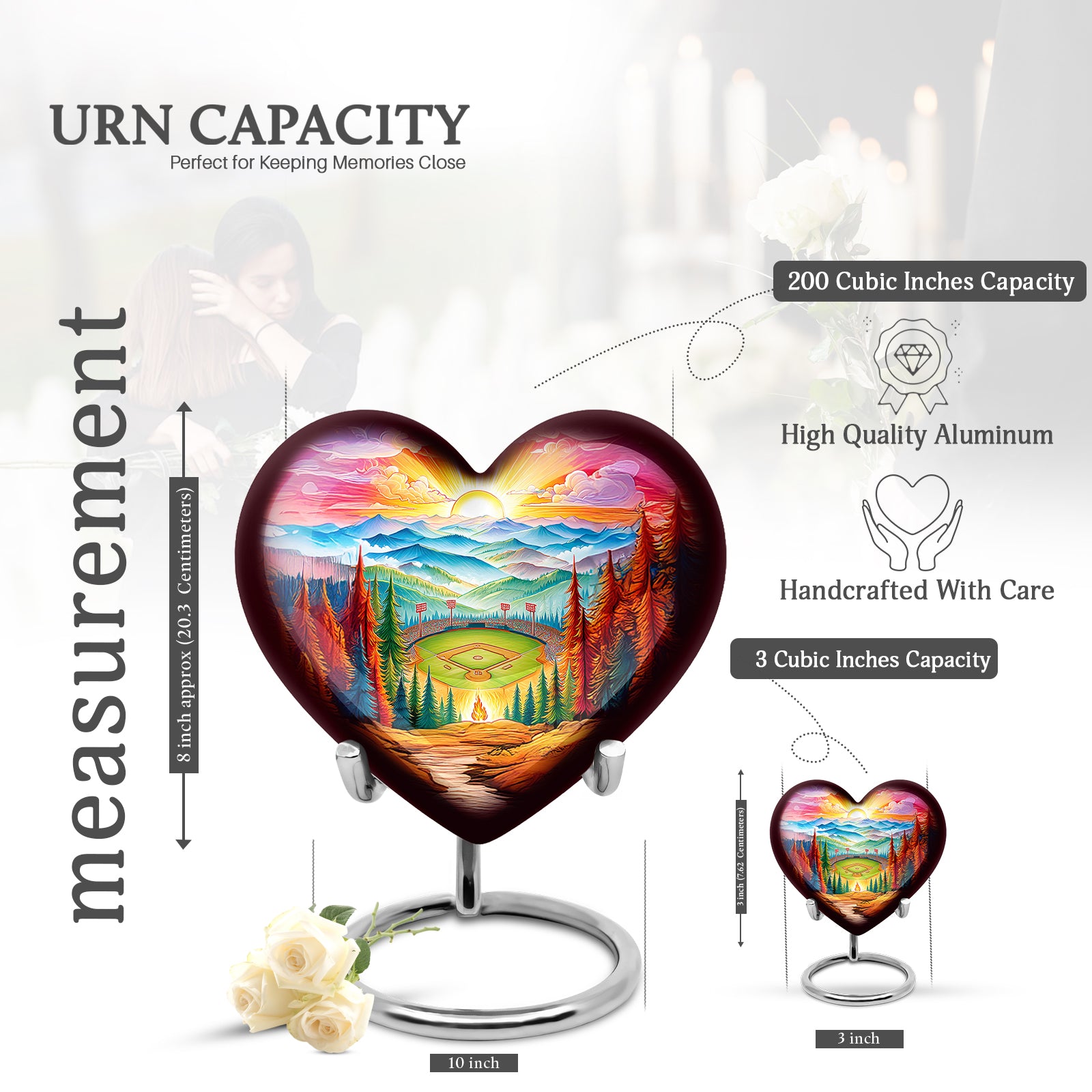 Burgundy Red Baseball Cremation Urn front view showing detailed design - heart-shaped baseball design symbolizing eternal love - mini keepsake memorial for portion of cremation ashes