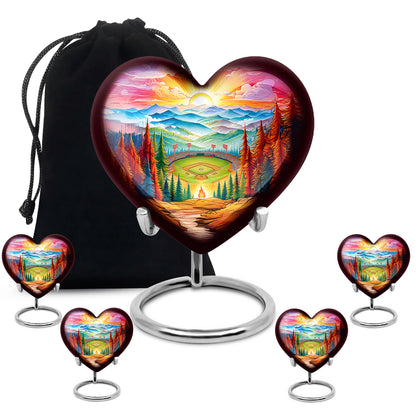 Garnet Red Baseball Cremation Urn close-up of engraving and surface detail - heart-shaped baseball design symbolizing eternal love - memorial set with one large and four small urns