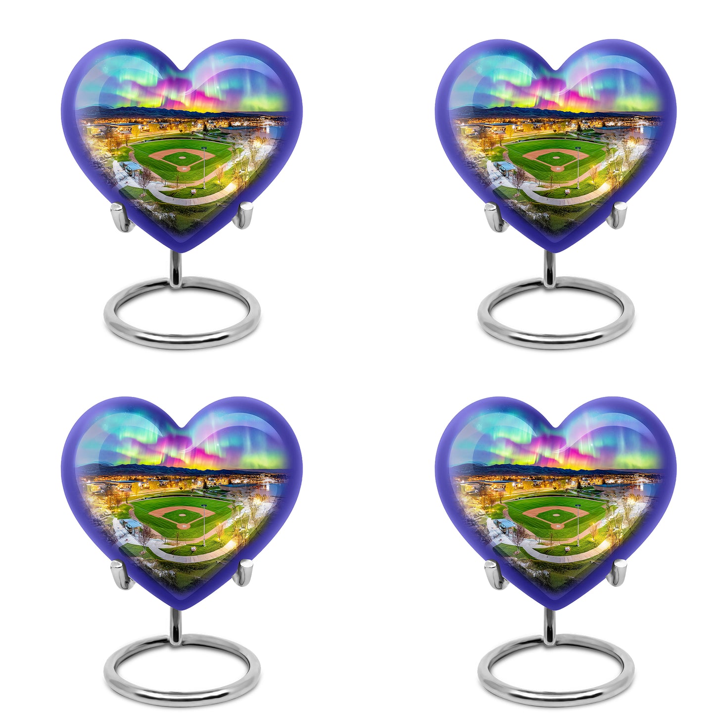 Twilight Blue Baseball Cremation Urn angled view of lid and engraved motif - romantic heart urn with baseball motif on aluminum - 10 inch aluminum urn for cremated remains