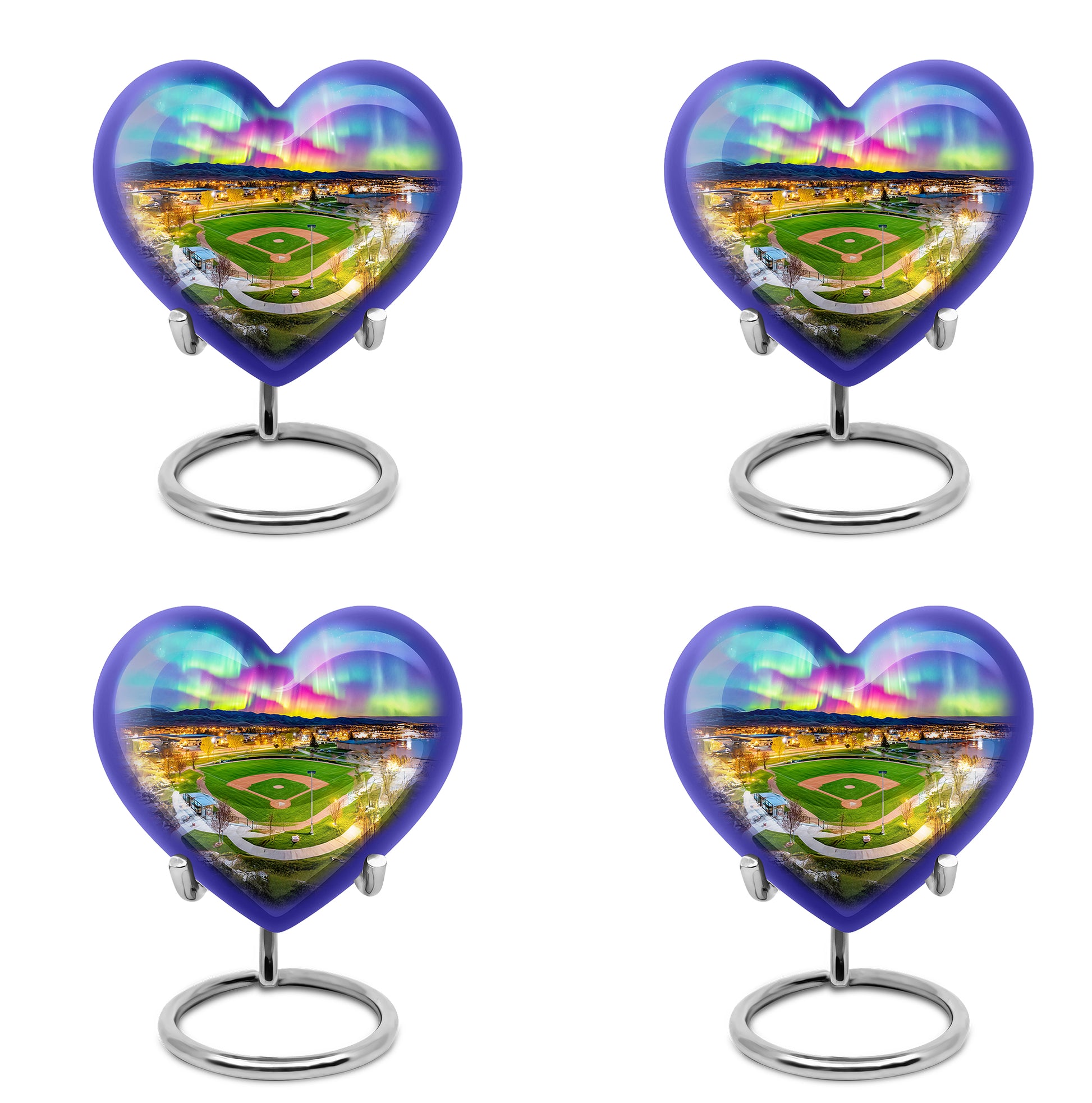 Twilight Blue Baseball Cremation Urn angled view of lid and engraved motif - romantic heart urn with baseball motif on aluminum - 10 inch aluminum urn for cremated remains
