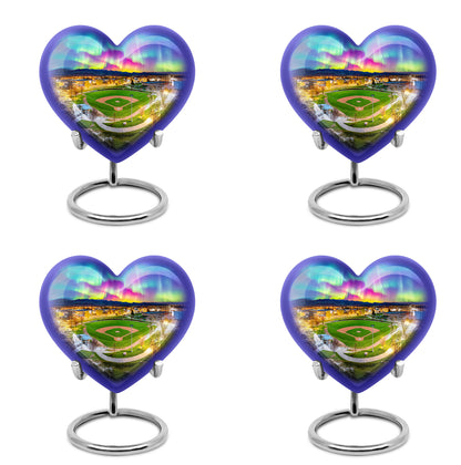 Twilight Blue Baseball Cremation Urn angled view of lid and engraved motif - romantic heart urn with baseball motif on aluminum - 10 inch aluminum urn for cremated remains