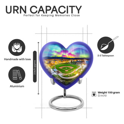 Royal Blue Baseball Cremation Urn front view showing detailed design - romantic heart urn with baseball motif on aluminum - mini keepsake memorial for portion of cremation ashes