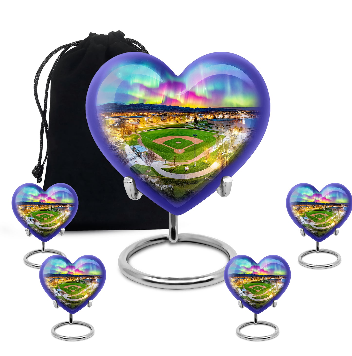 Icy Blue Baseball Cremation Urn close-up of engraving and surface detail - loving heart memorial featuring baseball pattern - memorial set with one large and four small urns