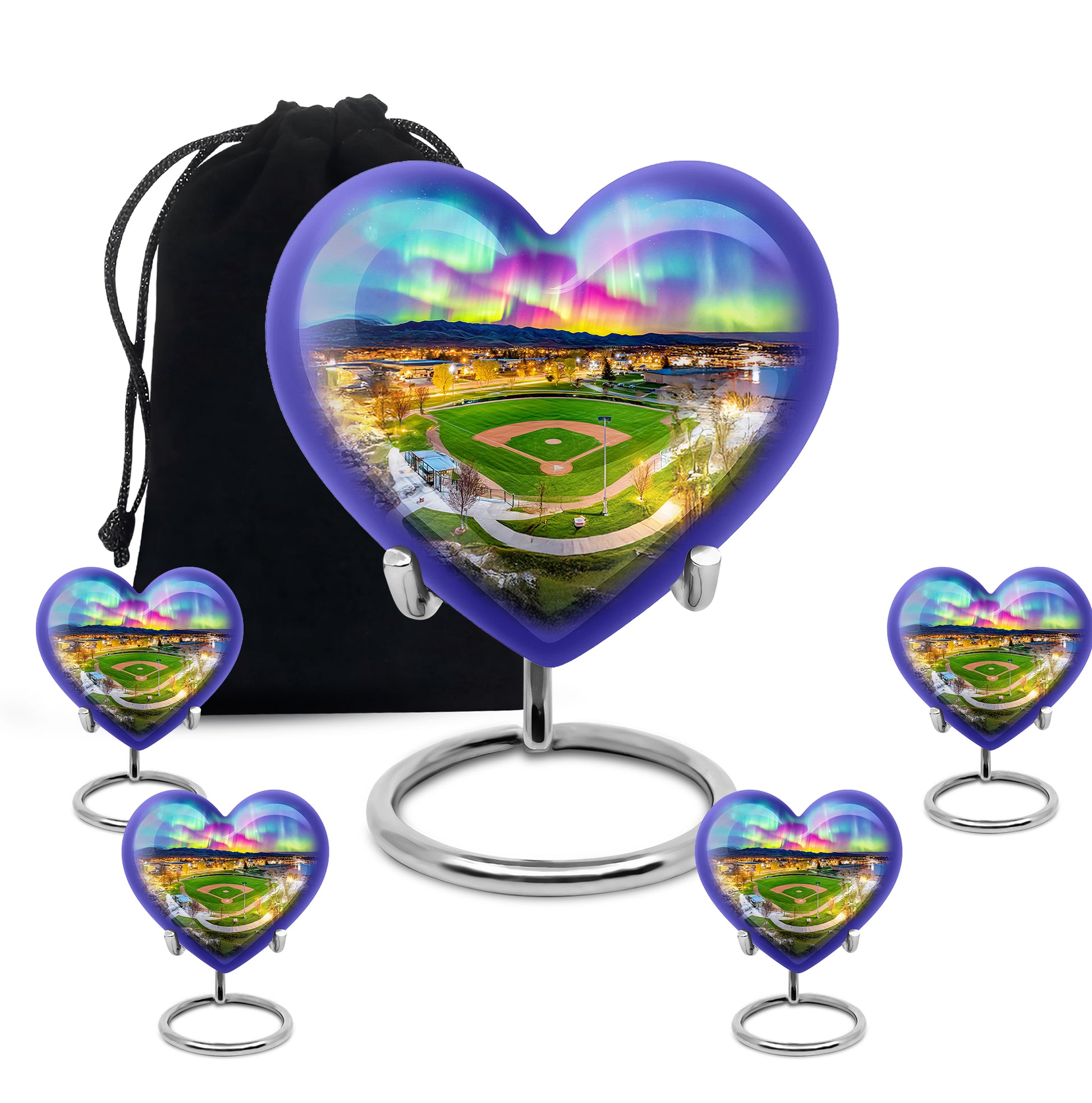 Icy Blue Baseball Cremation Urn close-up of engraving and surface detail - loving heart memorial featuring baseball pattern - memorial set with one large and four small urns