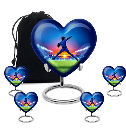 Celestial Blue Baseball Cremation Urn close-up of engraving and surface detail - heart-shaped baseball design symbolizing eternal love - memorial set with one large and four small urns
