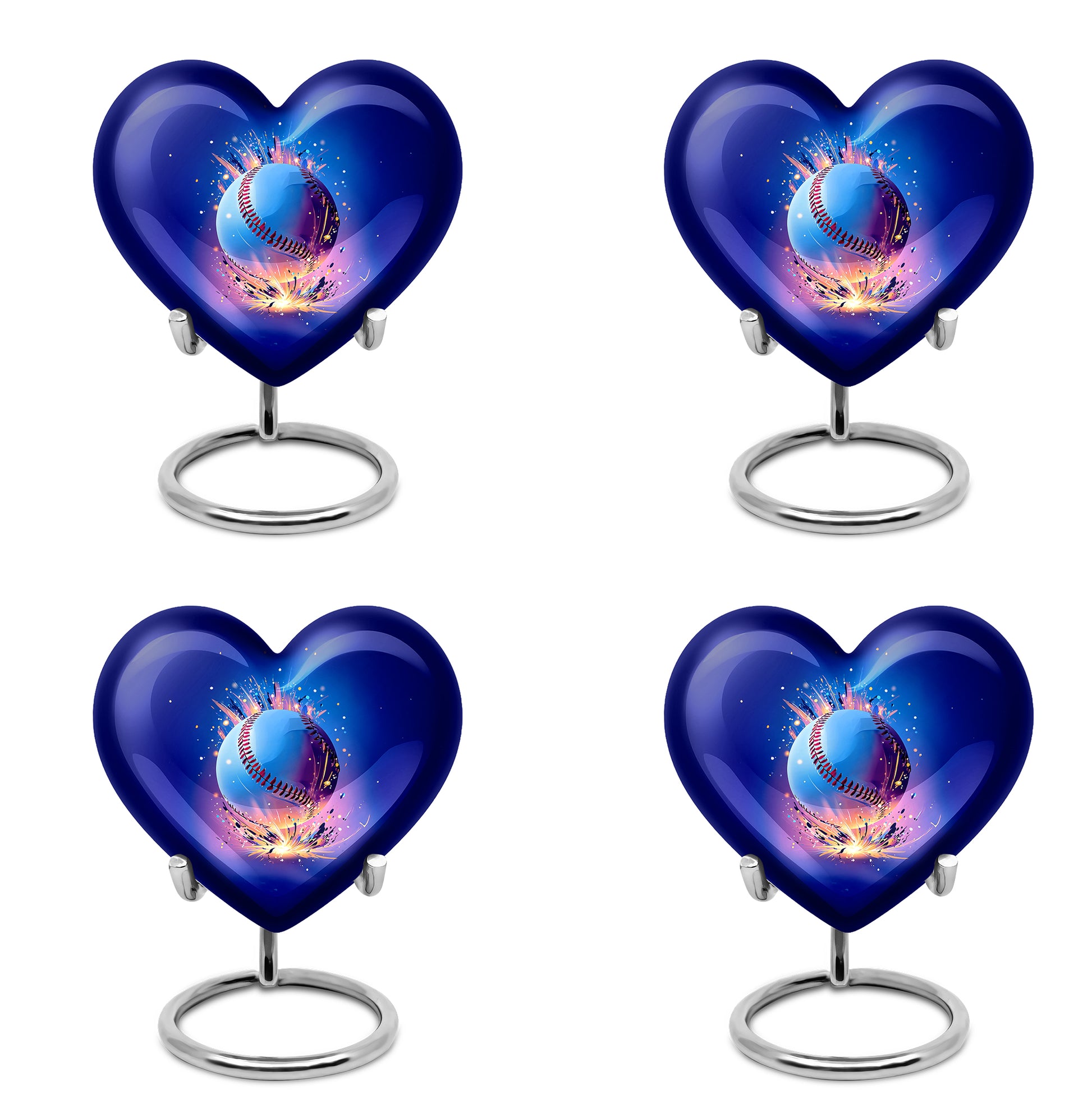 Misty Blue Baseball Cremation Urn angled view of lid and engraved motif - loving heart memorial featuring baseball pattern - 10 inch aluminum urn for cremated remains
