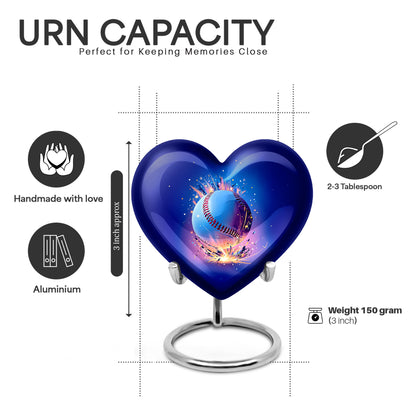 Icy Blue Baseball Cremation Urn front view showing detailed design - loving heart memorial featuring baseball pattern - mini keepsake memorial for portion of cremation ashes