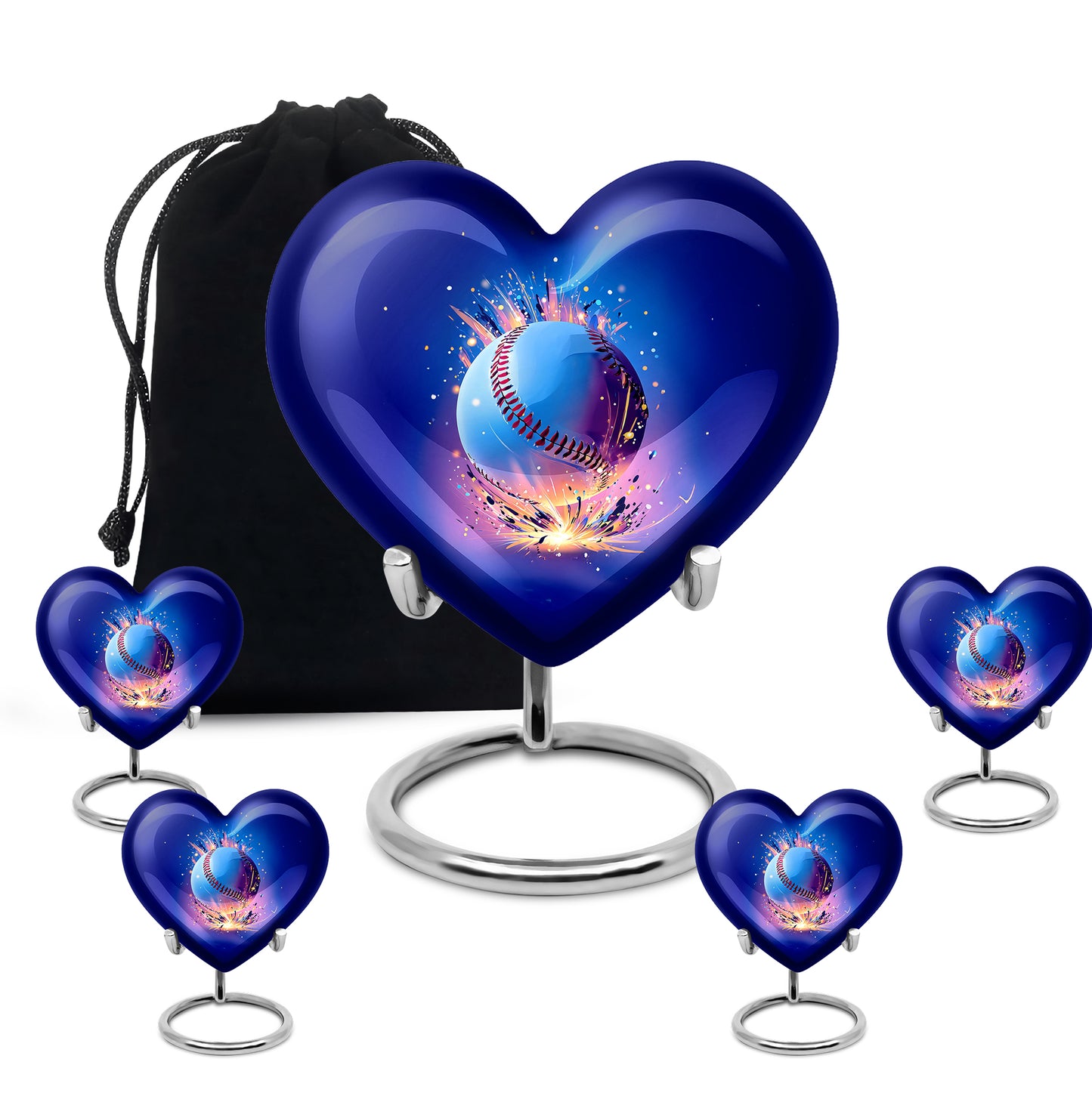 Royal Blue Baseball Cremation Urn close-up of engraving and surface detail - romantic heart urn with baseball motif on aluminum - memorial set with one large and four small urns