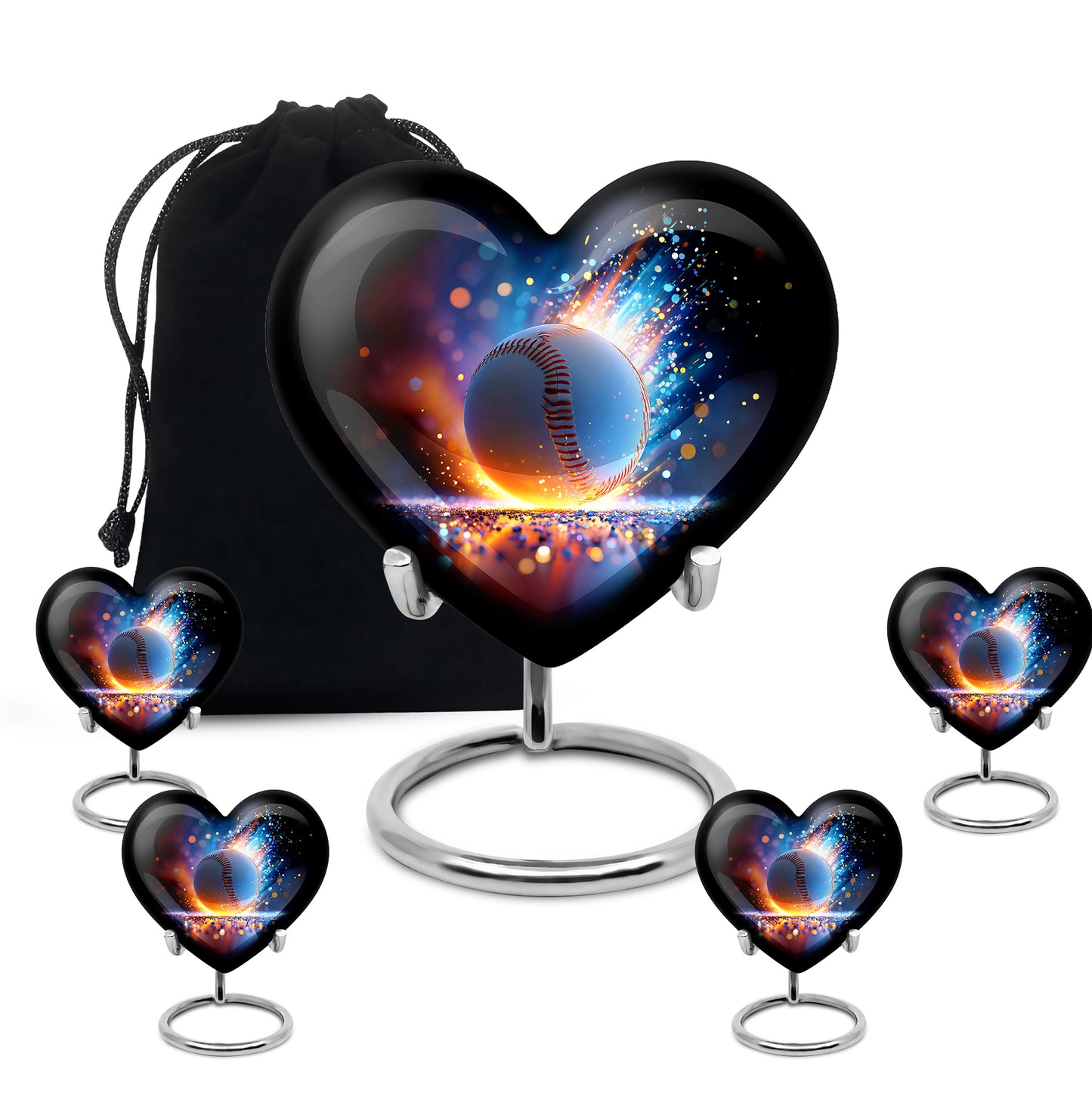 Twilight Blue Baseball Cremation Urn close-up of engraving and surface detail - romantic heart urn with baseball motif on aluminum - memorial set with one large and four small urns