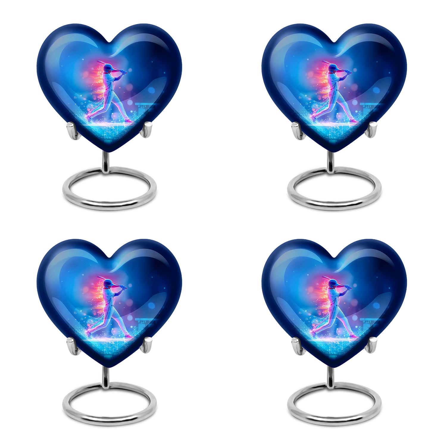 Sky Blue Baseball Cremation Urn angled view of lid and engraved motif - loving heart memorial featuring baseball pattern - 10 inch aluminum urn for cremated remains