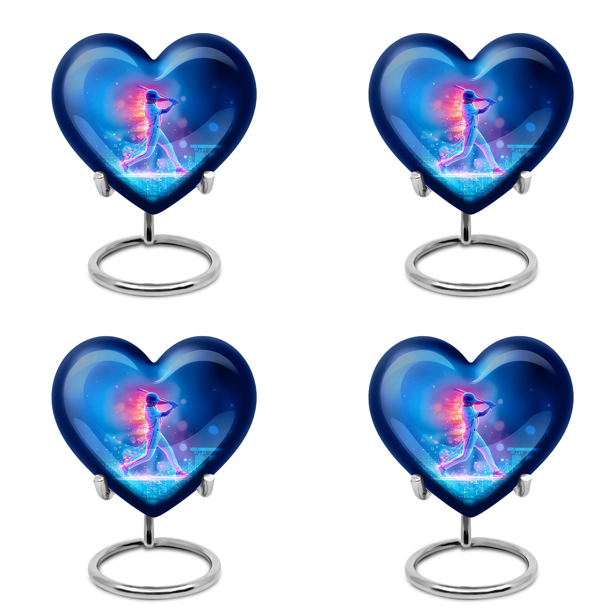 Sky Blue Baseball Cremation Urn angled view of lid and engraved motif - loving heart memorial featuring baseball pattern - 10 inch aluminum urn for cremated remains