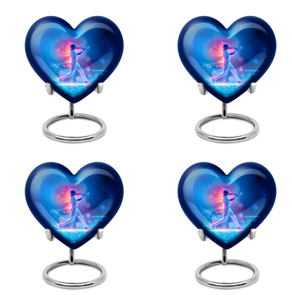 Sky Blue Baseball Cremation Urn angled view of lid and engraved motif - loving heart memorial featuring baseball pattern - 10 inch aluminum urn for cremated remains