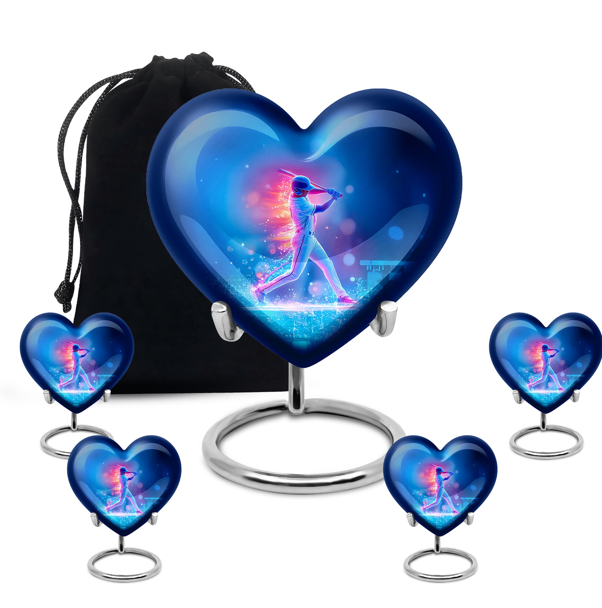 Pastel Blue Baseball Cremation Urn close-up of engraving and surface detail - heart-shaped baseball design symbolizing eternal love - memorial set with one large and four small urns
