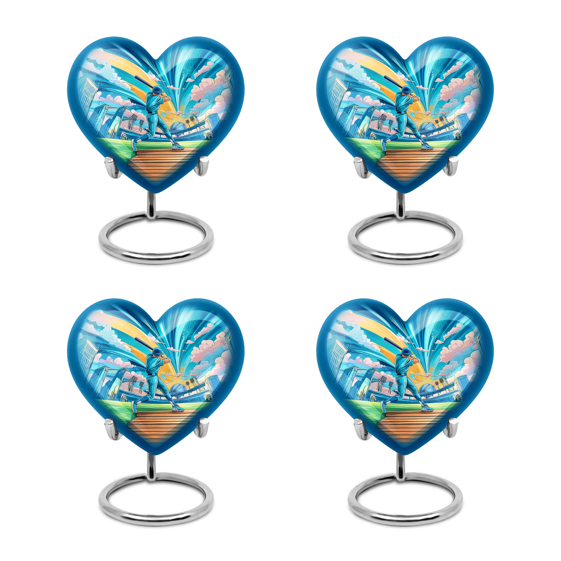 Deep Teal Baseball Cremation Urn angled view of lid and engraved motif - romantic heart urn with baseball motif on aluminum - 10 inch aluminum urn for cremated remains