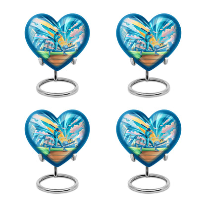 Deep Teal Baseball Cremation Urn angled view of lid and engraved motif - romantic heart urn with baseball motif on aluminum - 10 inch aluminum urn for cremated remains